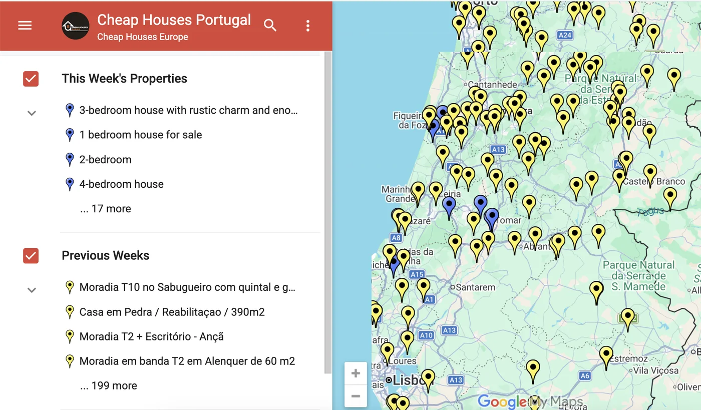 The private Cheap Houses Portugal map showing every featured property pinned across the country